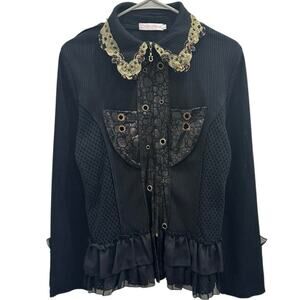 Pretty Angel Black Gold Ruffle Beaded Lace Sweater Whimsigoth Fairy Steampunk